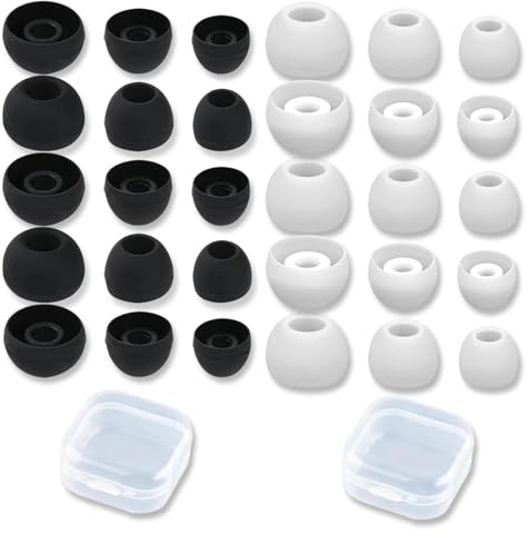 LABAOO 30 Pcs Earbud Tips, Ear Buds Replacement Tips, Earphone Buds, Includes 2 Boxes, Silicone for In-ear Headphones (White/Black)