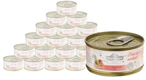 Dehner Premium Lovely Katzenfutter, Nassfutter glutenfrei, für ausgewachsene Katzen, Thunfisch / Shrimps / Reis, 24 x 70 g Dose (1.68 kg)