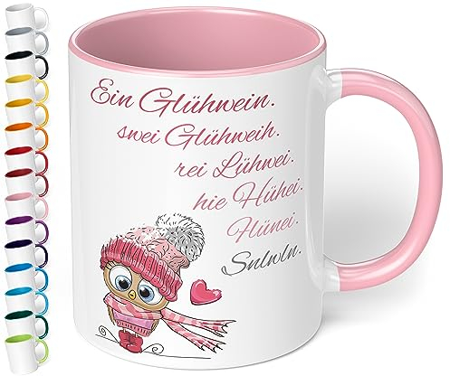 Lustige Weihnachtstasse „Ein Glühwein swei Glühweih Rei Lühwei“ - Eule - 330ml Keramik Kaffeebecher mit Spruch - Geschenk für Kollegen & Freunde zu Weihnachten, inner rose