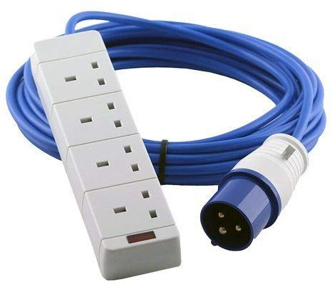 4 Gang 16A Electric Hook Up Extension Lead 4 Socket 1.5mm Blue Cable Camping Caravan Motorhome All Lengths 2M 5M 10M 15M 20M 25M (5M)