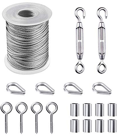 Zasiene Cable Acero Trenzado Juego de 19 Piezas Cable Acero Plastificado Kit de Colgador de Cuerda de Acero Inoxidables Exteriores Suspensión de Cuerda Tensor Cuerda Tendedero con Accesorios