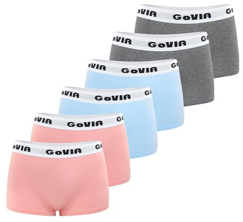 GoVIA - Lot de 6 - Culottes Femme Boxer Shorty Coton - Shorts Caleçons Femmes - Lingerie Sport & Confort Taille Basse Bleu Ciel Gris Rose M