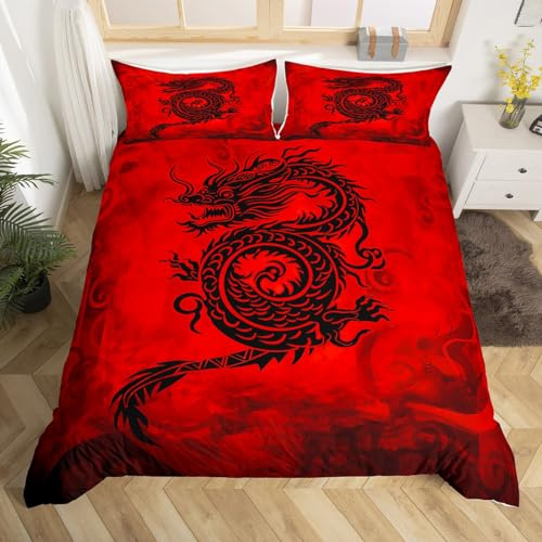 Castle Fairy Red Base Black Dragon Print Bettwäsche-Set Queen Chinese Dragon Pattern Bedding Cover Sets Queen Soft Microfiber 3-teilig (1 Bettbezug 2 Kissenbezüge)