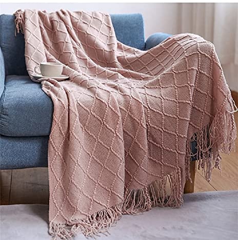 Kuscheldecke Wohndecke Flauschig Altrosa Rosa Gestrickt Tagesdecke Grob Wendedecke Kuscheldeck Sofadecke Couchdecke Strickdecke Sofa Bett Überwurf 130 x 230 cm Sofaüberwurf mit Fransen Bedspread