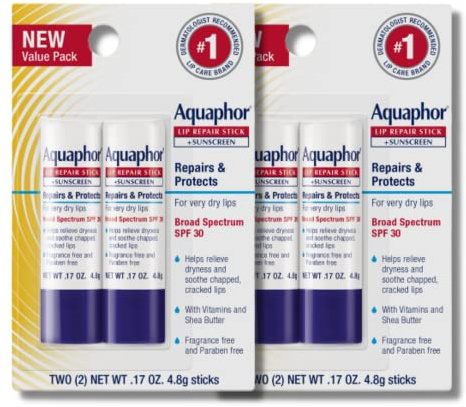 Aquaphor Lip Repair Stick with Sunscreen, Lip Protectant, Soothes Dry Chapped Lips, 0.17 Oz Stick (Pack of 4)