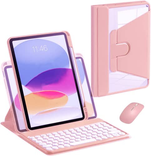 AnMengXinLing Rotating Keyboard Case for iPad 9th /8th /7th Gen 10.2 Inch, Vertical Case for iPad 9/iPad 8/iPad 7 with Detachable Keyboard Mouse,Clear Cover with Pencil Holder, Pink