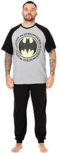DC Comics Batman Mens Pyjama Set | Adult Grey & Black Superhero Loungewear Pants and T-Shirt PJ Bundle | Batman Logo Short Sleeve Tee Long Leg Bottom Pajama | Nightwear Movie Merchandise Gift for Him