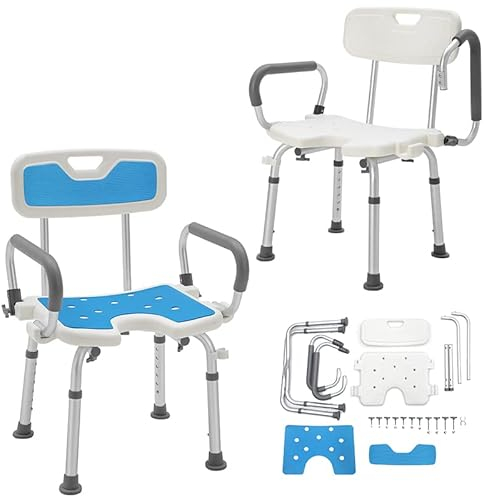 YUENFONG Duschstuhl mit Abnehmbarer Rückenlehne Badhocker aus Aluminium, höhenverstellbar Duschhocker, Einfach Montage, für die professionelle Pflege, Senioren(Typ B, Blau & Weiß)