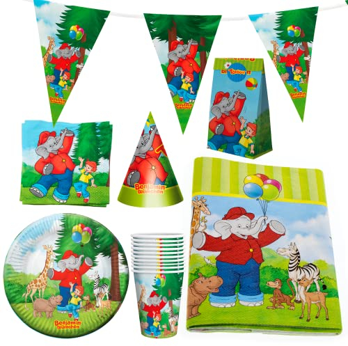 Party Factory `Benjamin Blümchen´ XXL-Set, 10 Becher, 10 Teller, 20 Servietten, 1 Tischdecke, 1 Wimpelkette, 10 Partyhüte und 10 Partytüten