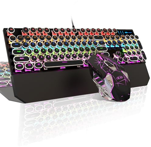 Typewriter Mechanical Gaming Keyboard and Mouse Combo, Retro Punk Round Keycaps RGB Rainbow Backlit Wired Keyboard for Game and Office, for Windows Laptop PC, Red Switches(Black)