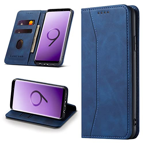 Leaisan Handyhülle für Samsung Galaxy S9 Hülle Premium Leder Flip Klappbare Stoßfeste Magnetische [Standfunktion] [Kartenfächern] Schutzhülle für Samsung Galaxy S9 Tasche - Blau