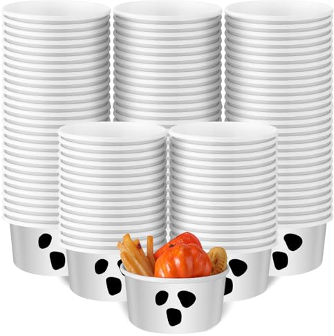 Sliner 100 Pcs 16 oz Halloween Treat Snack Cups Jack O Lantern Pumpkin Ice Cream Bowls Disposable Ghost Paper Cup Soup Yogurt Dessert Bowls for Halloween Party Supplies(White, Ghost)