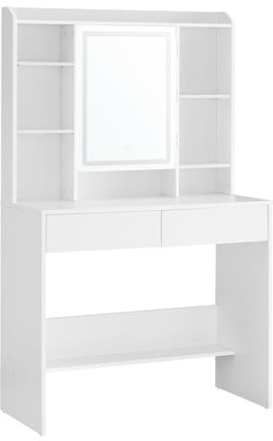 VASAGLE Dressing Table with LED Lights, 3 Light Colours, Adjustable Brightness, Vanity Desk with Mirror, Spacious, Vanity Table with Adjustable Shelves, 2 Drawers, Makeup Desk, Modern, White RDT123W01
