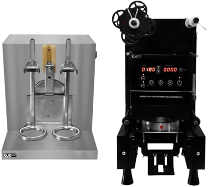 Automatic Cup Sealing Machine 500W & Bubble Tea Shaker Double Frame 400 r/min 350-700ml Digital Timer 6-120 Seconds FREE Film Roll 500-650 Cups Hour Plastic Paper 90/ 95mm Diameter Stainless Steel