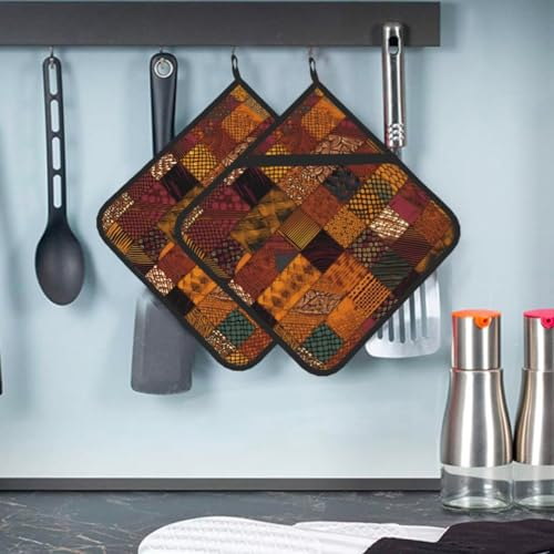 Topflappen im afrikanischen Stil, Patchwork-Druck, 2 Stück, hitzebeständig, Ofen, heiße Pads mit Taschen, Baumwolle, Topflappen für Küche, Kochen, Backen, Grillen