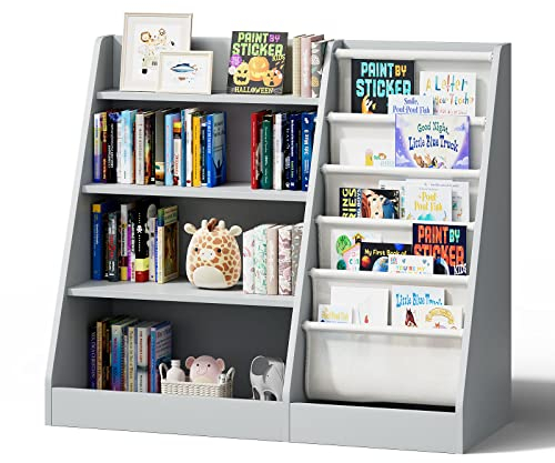 KEEPREAPER Kinderregal mit 5 Ablage und 4 offenen Fächern, Bücherregal für Kinder Holz, Spielzeugregal, Spielzeug-Organizer für Kinderzimmer, 90x40x80cm, Grau