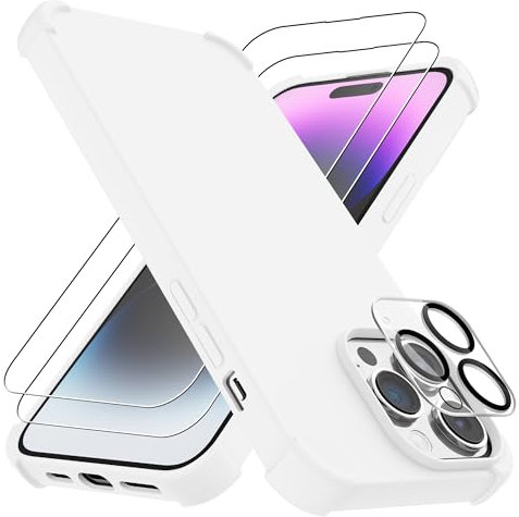 4youquality (4-in-1 Case for iPhone 14 Pro Max Case with [2-Pack Tempered Glass Screen Protectors + 1-Pack Camera Lens Protector], Airbag Protection, Bumper Phone Case (Opaque-White)