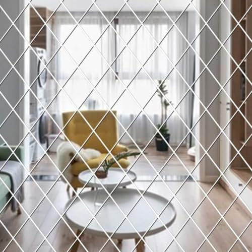 SSyang 7 Pezzi Adesivi da Parete con Specchio Rombo Autoadesivo, 3D Acrilico Rimovibile Fai da te Arte Piastrelle Impermeabili Mobili Decorazione, Per Pareti, Finestre e Armadi, 25 * 50cm (D'argento)