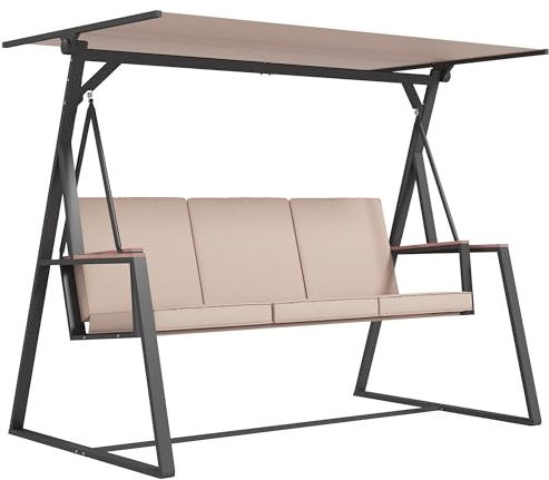 Outsunny Hollywoodschaukel 3-Sitzer Schaukelbank mit Kissen, Gartenschaukel mit Verstellbarem Dach, bis 300 kg Belastbar, Khaki, 205 x 130 x 175 cm