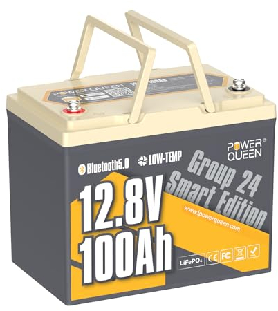 Power Queen 12.8V 100Ah Group 24 Bluetooth LiFePO4 Batterie, Low-Temp Protection Deep Cycle Lithium Batterie, 100A BMS, Max.15000 Zyklen 10 Jahre Lebensdauer Batterie Ideal für Wohnmobil, Camping