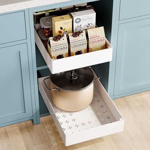 SOLEDI Teleskopschublade zum Kleben, Ausziehbare Schublade Küche Große (26.6 cm B x 39.8 cm T x 8.3 cm H), Küchenschrank Organizer Ausziehbar, Kein Bohren und Nageln Erforderlich (Weiß,1Pcs)