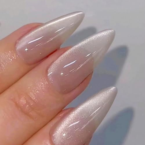 24 Stück Press on Nails Kurz, Oval Transparent Perlmutt-Glanz Natürlich French Nägel Zum Aufkleben, Fingernägel zum Aufkleben Acryl Fake Nails Full Cover für Frauen Nail Art (White aurora, 24x)