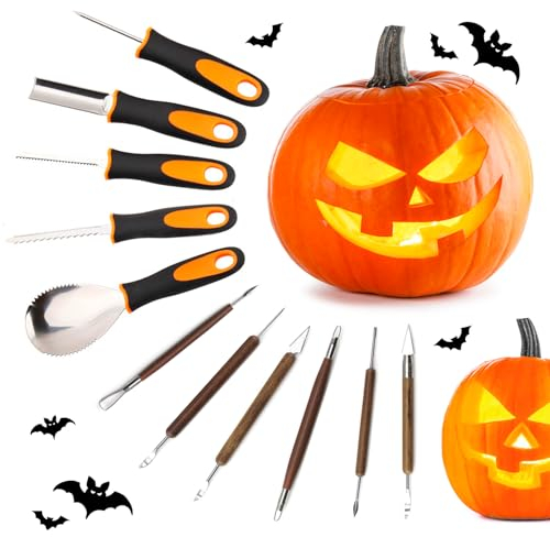 MALLY 11 pièces kit sculpture citrouille, outil de sculpture d'Halloween en acier inoxydable, couteau à découper et cuillère, à poignée ergonomique,Ensembles de découpage