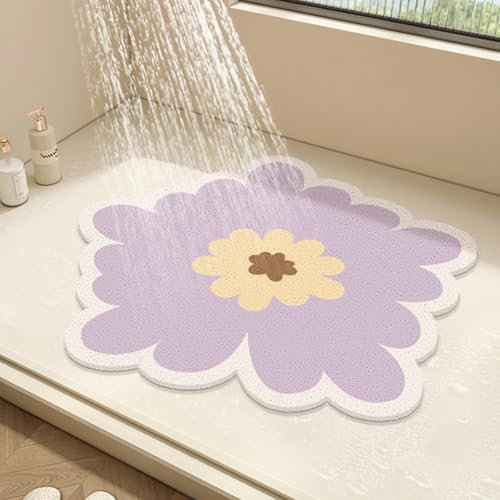 Tapis de douche rond en luffa en PVC antidérapant et anti-moisissure avec drainage, séchage rapide (violet, 70 x 70 cm)