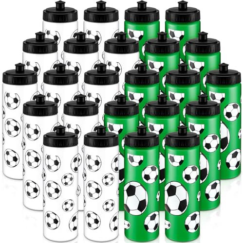Skybooly 24 Pcs Soccer Water Bottle Bulk 20 oz Sports Ball Cup Accessories Reusable Sports Squeeze Water Bottle for Sports Party Favor Players Lovers Team Gifts Gym for Most Bike Cage