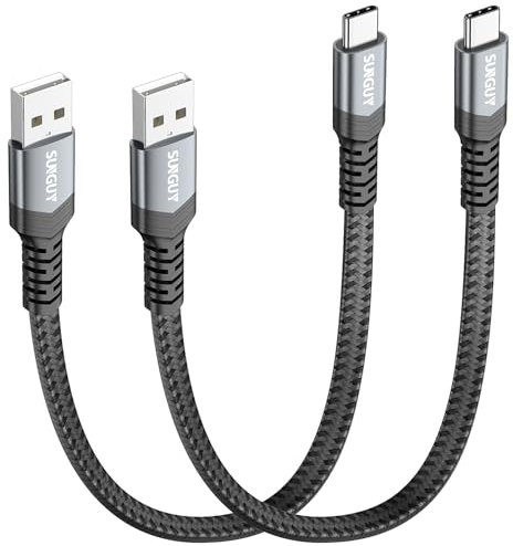 SUNGUY Short USB C Cable 0.3M [2Pack], Flat USB A to USB C Charger Cable 3A Fast Charging Data Transfer Braided Compatible with iPhone 16 15 Pro/Pro Max/Plus, Samsung Galaxy S23 S22, Note 20 10