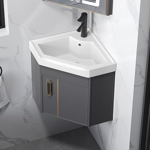 Lavello Ad Angolo, Lavabo Bagno Sospeso, Lavello in Ceramica Ad Angolo con Foro per Rubinetto Scarico Lavandino, Per Piccoli Spazi, Mobiletto Sospeso A Parete(Grey,38cm/15in)