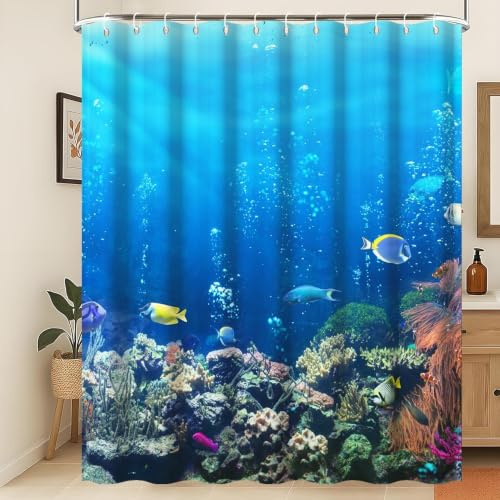 Xiaoterna Ozean Duschvorhang Unterwasser Meeresleben Meer Welt Tiere Fische Badezimmer Vorhang Schildkröten Korallen Duschvorhang Maschinenwaschbar Wasserdichter Stoff 105x160cm