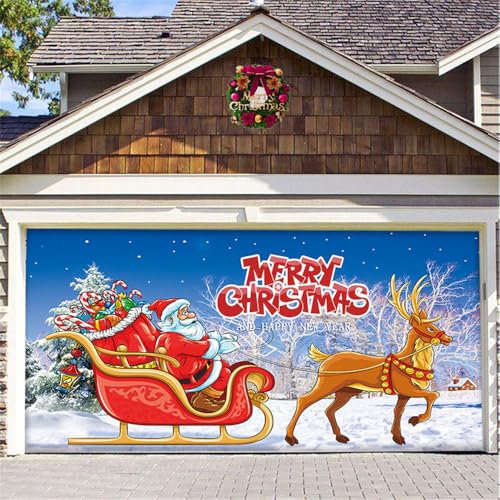 Hiseng 3D Christmas Garage Door Banner - Large Outdoor Backdrop Decorations Cover for Christmas & New Year Themed Party Background - Home Wall Photo Props (210x240cm, Santa Claus)