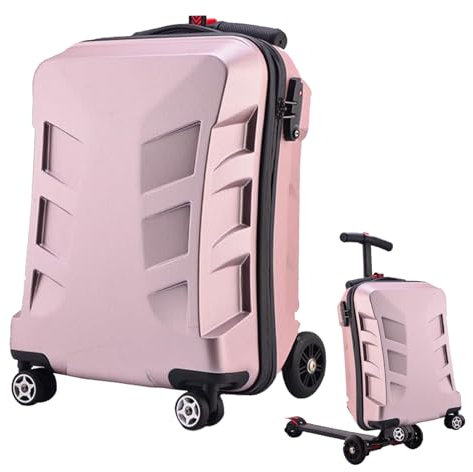 Pineeseatile Koffer Scooter Scooter Koffer für Kinder große Kapazität Stummschaltkoffer Scooter mit Teleskopgriff Faltbare Fahrt auf Gepäckscooter mit Multi-Tasche für Reisebereich Rosengold