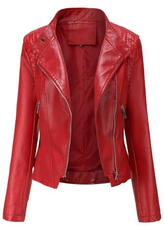 WOXIHUAN Giacca Donna in Ecopelle Cappotto Corto da Moto Stampa Primavera Autunno Giubbini Donna Chiodo Pelle Donna Taglie Forti Giacchetto Di Pelle Donna Nero Rosso XL
