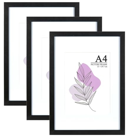 Baoee Schwarz Bilderrahmen A4 mit Passepartout, 3er-Set, Fotorahmen mit Acrylglas, Posterrahmen, Urkundenrahmen, freistehend und zur Wandmontage
