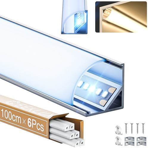 GEEKLUX Profile Alu pour Ruban LED angulaire 1 m x 6 (6 m) Profilé Aluminium V-Shape 45°, pour Bande Led jusqu'à 12mm avec Diffuseur LED, Pour Plafond, Escalier, Coins - 15,8 x 15,8 mm