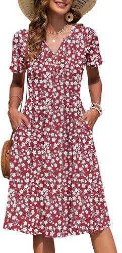 AUSELILY Women's Summer Short Sleeve Midi Dresses V Neck Empire Button Knee Length Dress with Pockets Floral Red L