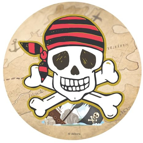 Dekora, Essbare Piraten-Tortenaufleger, Kuchendekoration für Kindergeburtstag, Totenkopf-Design, Tortendeko für Kuchen und Desserts, Runder Cake Topper Ø 20 cm