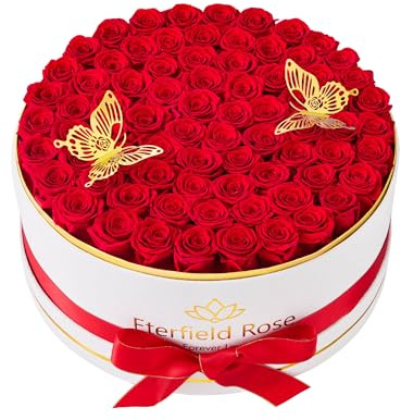 Eterfield 77 Stück konservierte Rosen in einer Box, Forever Flowers Roses That Last Over A Year Rose Box Flowers Gifts for Her Women Wife (Red Roses, Round White Suede Box)