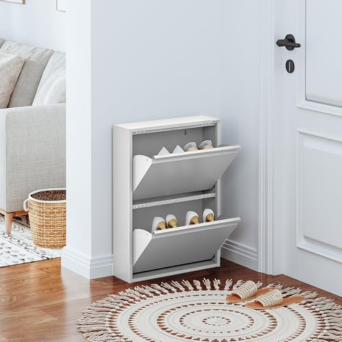 VEEHAUS Schuhkipper Metall schmal magnetisch, 2 Klappen Wandmontage, Grau | Magnetklappe hält Schuhe staubfrei, Bis 150kg belastbar, Metalloberfläche, pflegeleicht, Wandmontage inkl. Montagematerial