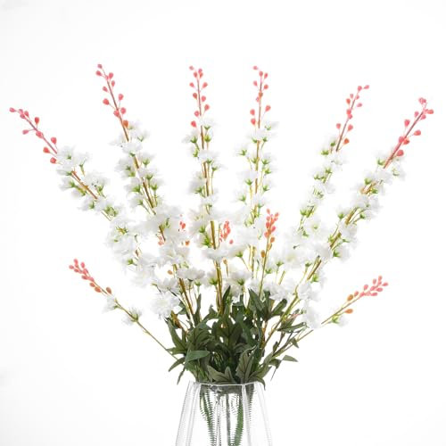 LILUYTO 6PCS White Delphinium Artificial Flowers, Long Stem Faux Larkspur Silk Flowers, 33.5 Bendable Fake Flowers Bouquets for Tall Vase Table Kitchen Home Offices Garden Wedding Decor