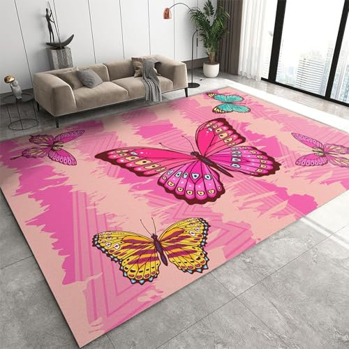 AAFUOO Schöner, schicker rosa Schmetterlings-Kinderzimmerteppich für Mädchen, farbenfrohe Graffiti-Wohnzimmerteppiche, waschbarer, Rutschfester Klassenzimmerteppich, Teppich für Flur, 90 x 120 cm