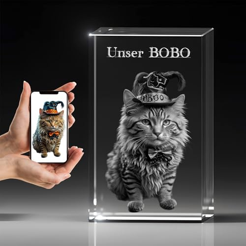 Gedenk Kristall 3D Foto Glasblock Katze - Personalisiertes Gedenkglas für Haustiere mit Wunschtext Gravur, Abschied nehmen Tiere Hund, Pferd, Hochwertige Lasergravur in Kristallglas Denkmal