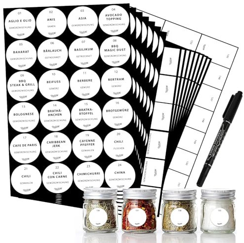 Gewürzetiketten Selbstklebend, 336 Stück Deutsche Gewürzaufkleber, Fett- & Wasserabweisend Moderne Vorratsetiketten, Etiketten für Gewürzgläser & Vorratsbehälter (Weiß)