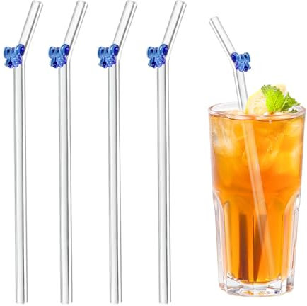 AHRLIC Reusable Glass Straws with Charms, 4 Pcs Cute Glass Straw Drinking with Bows, Bow Straws for Smoothie, Milk, Coffee, Cocktail, Juice - Blue