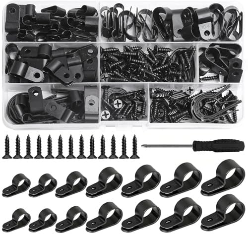 Seconero 134 Pezzi Fermacavi, 7 Misure, R-Tipo Cavo Clip Fascetta, Morsetti per Cavi in Nylon Tipo R con 110 Pezzi M4 Viti e Cacciaviti, Fermacavi Muro, Fermacavi Scrivania, per La Gestione dei Fili