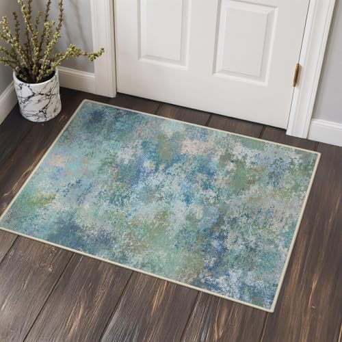 GENIMO Waschbar Fußmatte Teppich 60x90 cm Kurzflor Kleiner Blau | Waschbarer Modern Abstrakter Teppich,Rutschfest, Kurzflorig, Weich, für Wohnzimmer, Schlafzimmer, Esszimmer,Büro