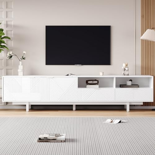 RIAZOS Modern bohemian TV cabinet, Geometric Lines TV Stand, TV Entertainment Center with Storage Space, Modern TV Stand for 90 inch TVs, Console Media Cabinet for Living Room, 200*40*51 cm (White)