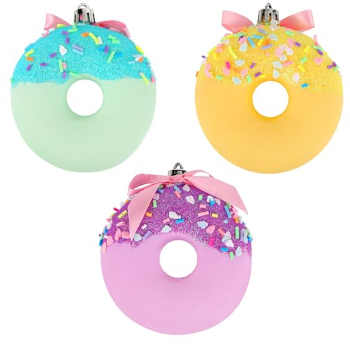 3pcs Donut Christmas Tree Ornaments, Candyland Christmas Decorations Macaron Color Donut Pendant with Bow & Sprinkles Holiday Hanging Decor for New Year Party Festive Home Decor